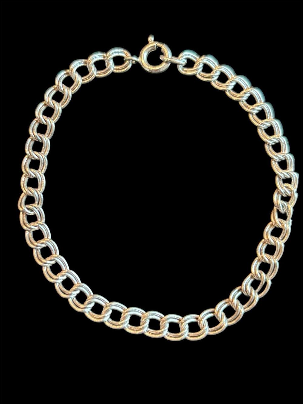 Vtg Sterling Silver 5mm Wide Double Curb Chain Charm Bracelet 925 6.5” 5.34g